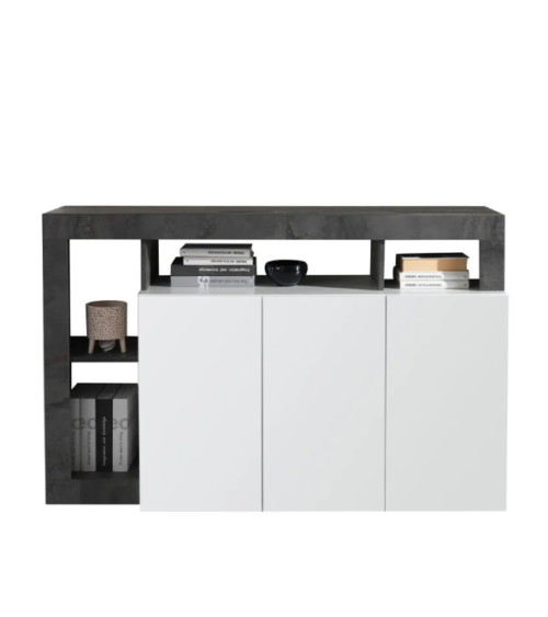 Buffet HAMBURG 3 portes – Blanc laqué brillant / Noir oxyde